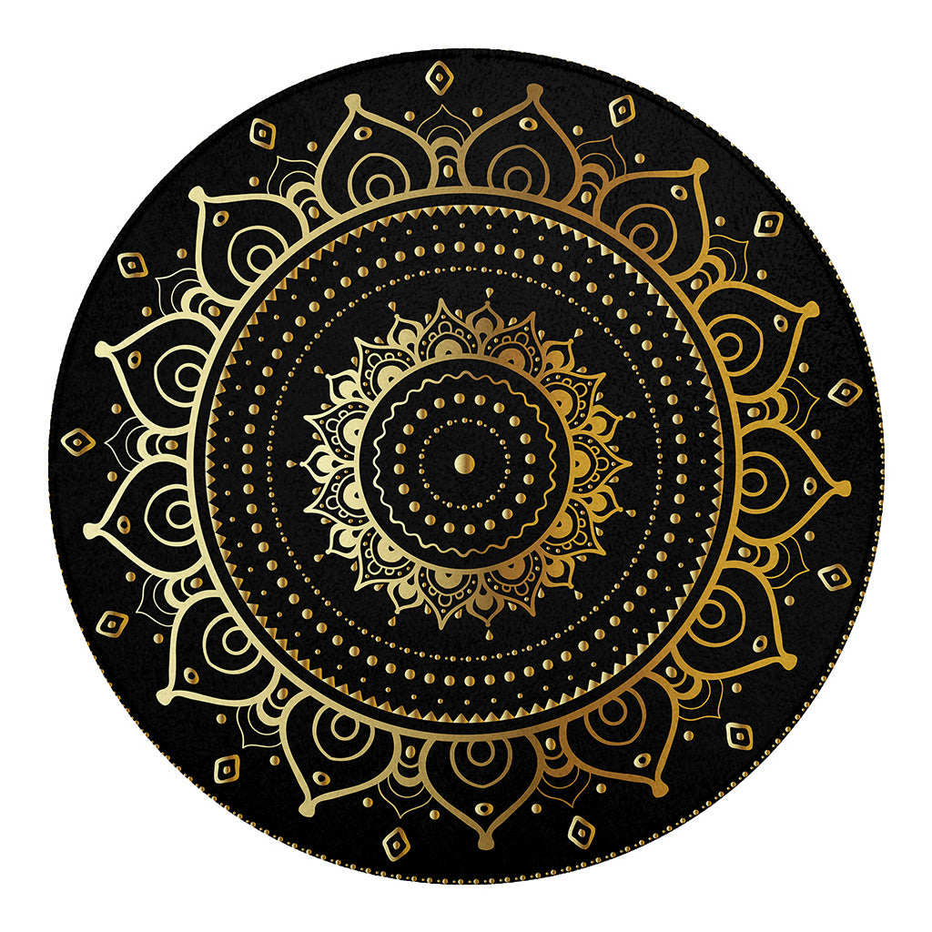 Black And Gold Mandala Print Round Blanket