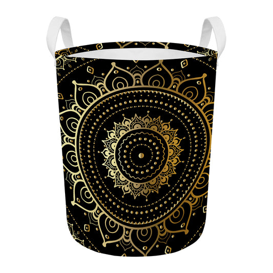 Black And Gold Mandala Print Round Laundry Basket