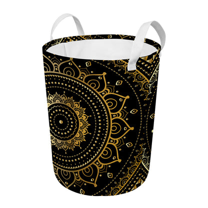 Black And Gold Mandala Print Round Laundry Basket