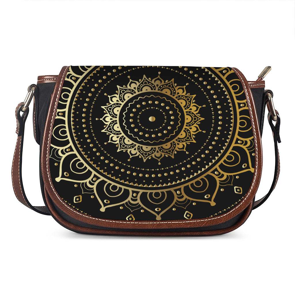 Black And Gold Mandala Print Saddle Bag