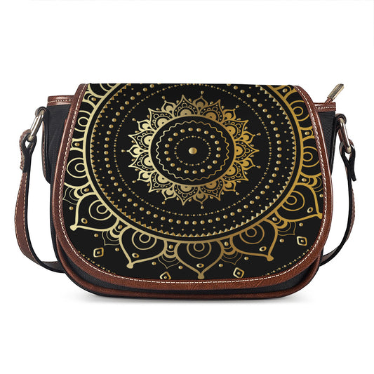 Black And Gold Mandala Print Saddle Bag