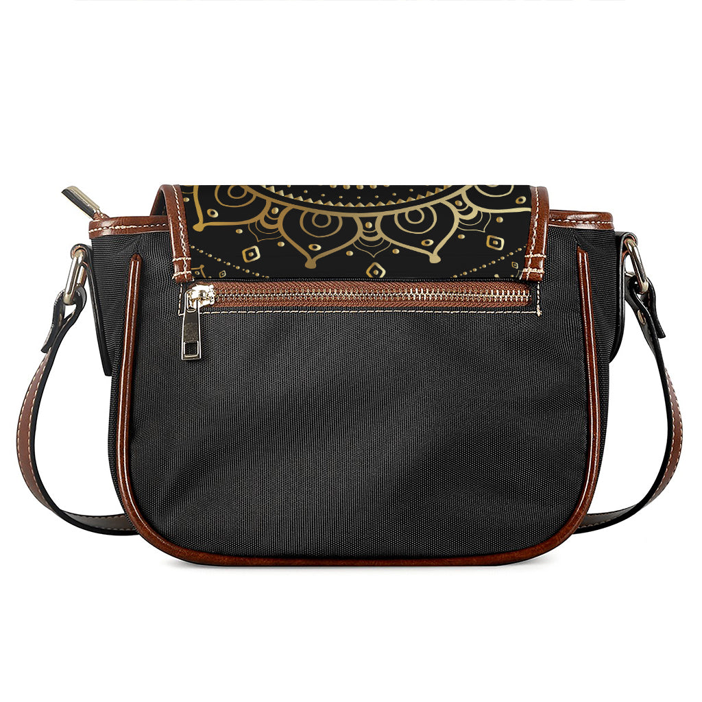 Black And Gold Mandala Print Saddle Bag