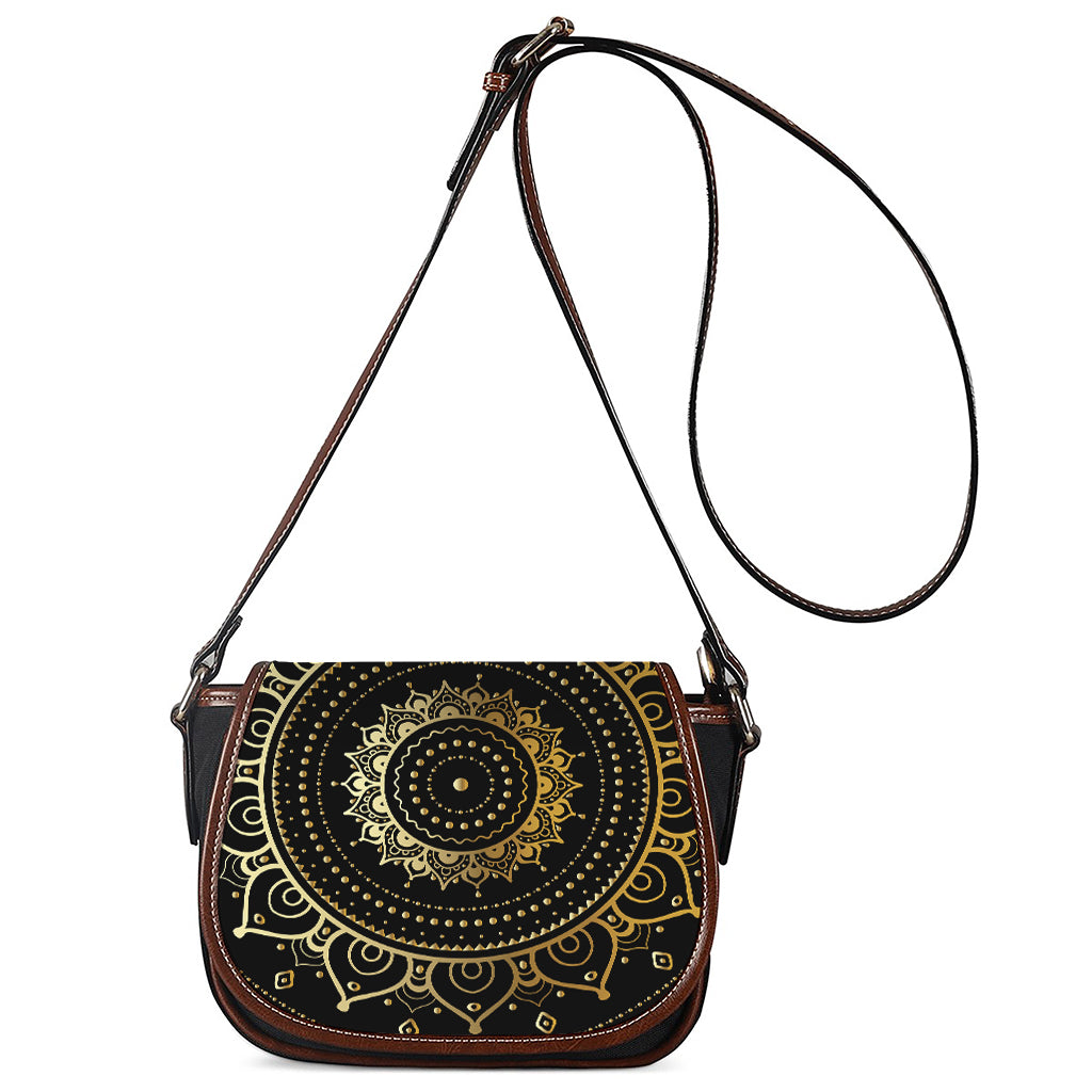 Black And Gold Mandala Print Saddle Bag