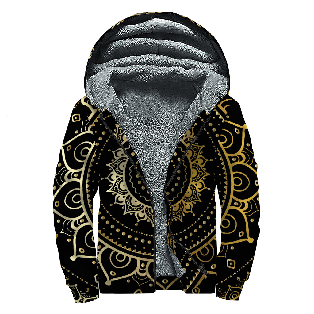 Black And Gold Mandala Print Sherpa Lined Zip Up Hoodie