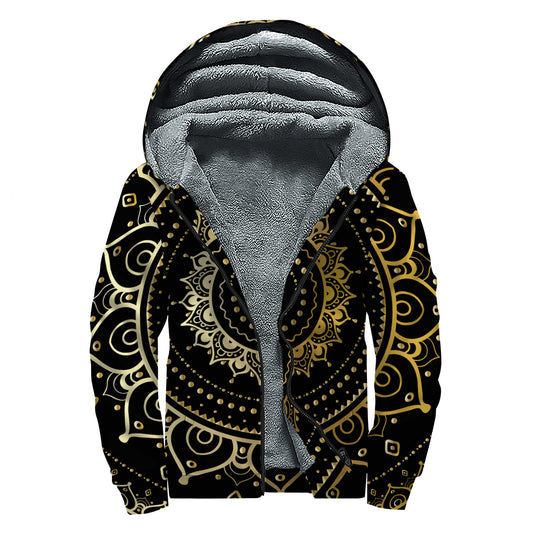 Black And Gold Mandala Print Sherpa Lined Zip Up Hoodie