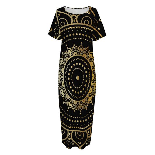 Black And Gold Mandala Print Short Sleeve Long Nightdress