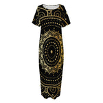 Black And Gold Mandala Print Short Sleeve Long Nightdress