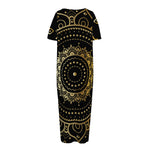 Black And Gold Mandala Print Short Sleeve Long Nightdress