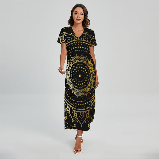 Black And Gold Mandala Print Short Sleeve Maxi Dress