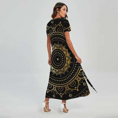 Black And Gold Mandala Print Short Sleeve Maxi Dress