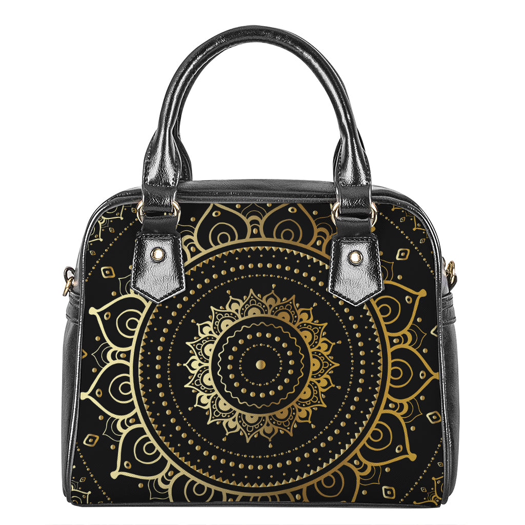 Black And Gold Mandala Print Shoulder Handbag