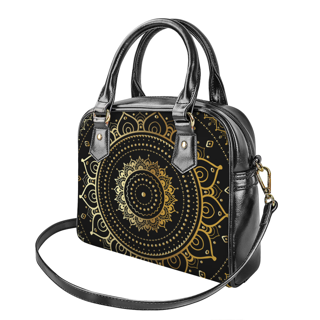 Black And Gold Mandala Print Shoulder Handbag