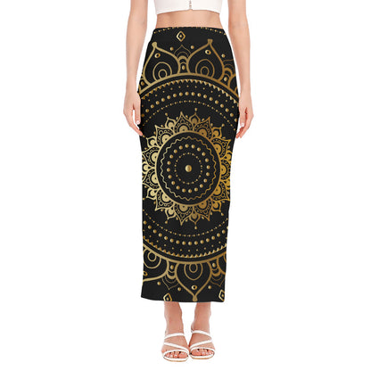 Black And Gold Mandala Print Side Slit Maxi Skirt