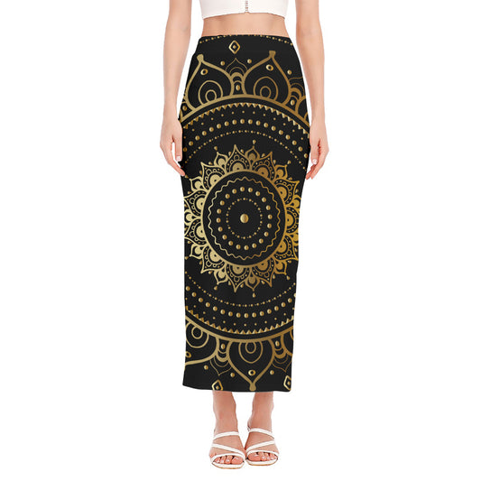 Black And Gold Mandala Print Side Slit Maxi Skirt
