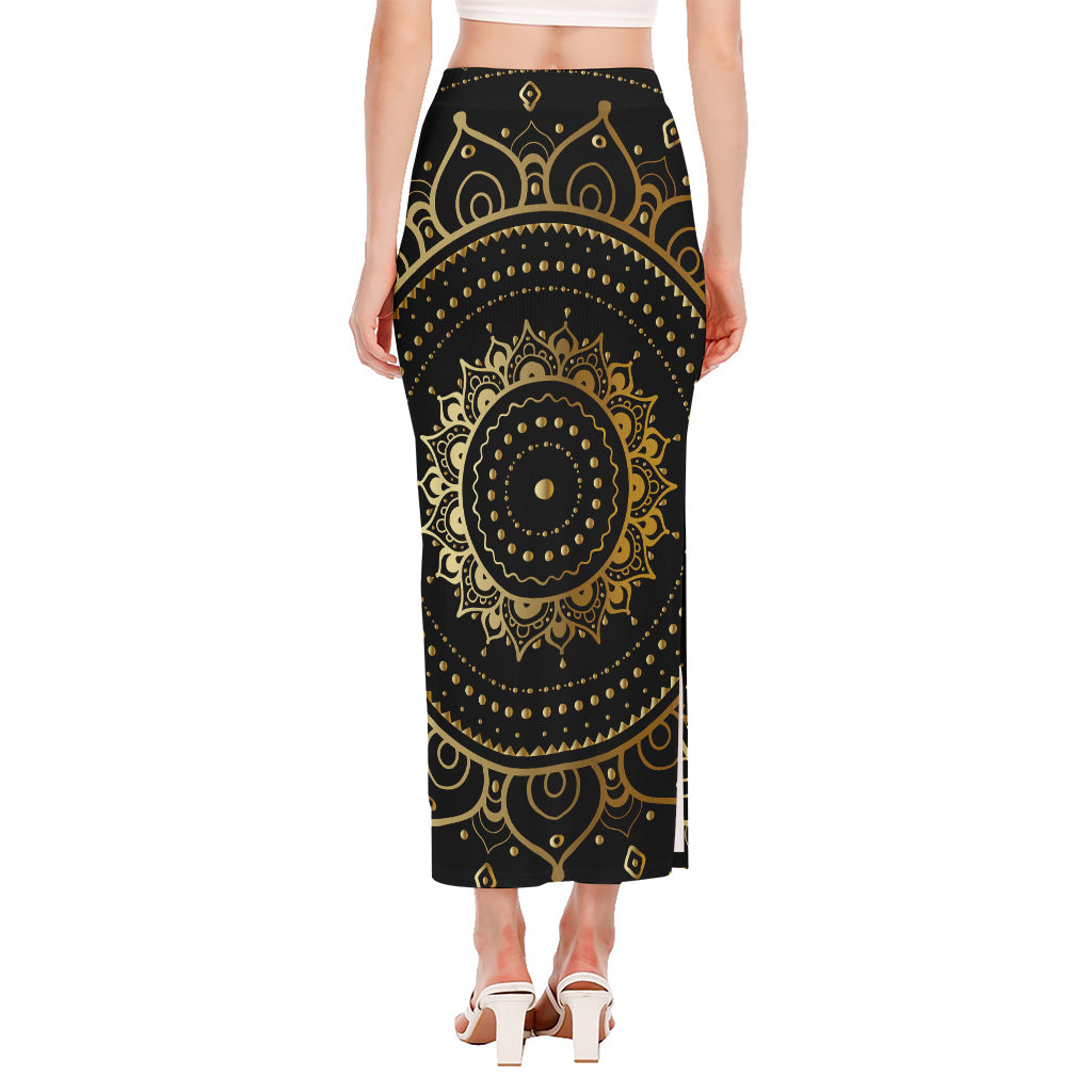 Black And Gold Mandala Print Side Slit Maxi Skirt