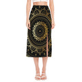 Black And Gold Mandala Print Side Slit Midi Skirt