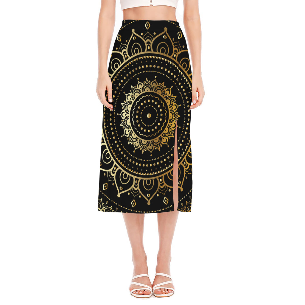 Black And Gold Mandala Print Side Slit Midi Skirt