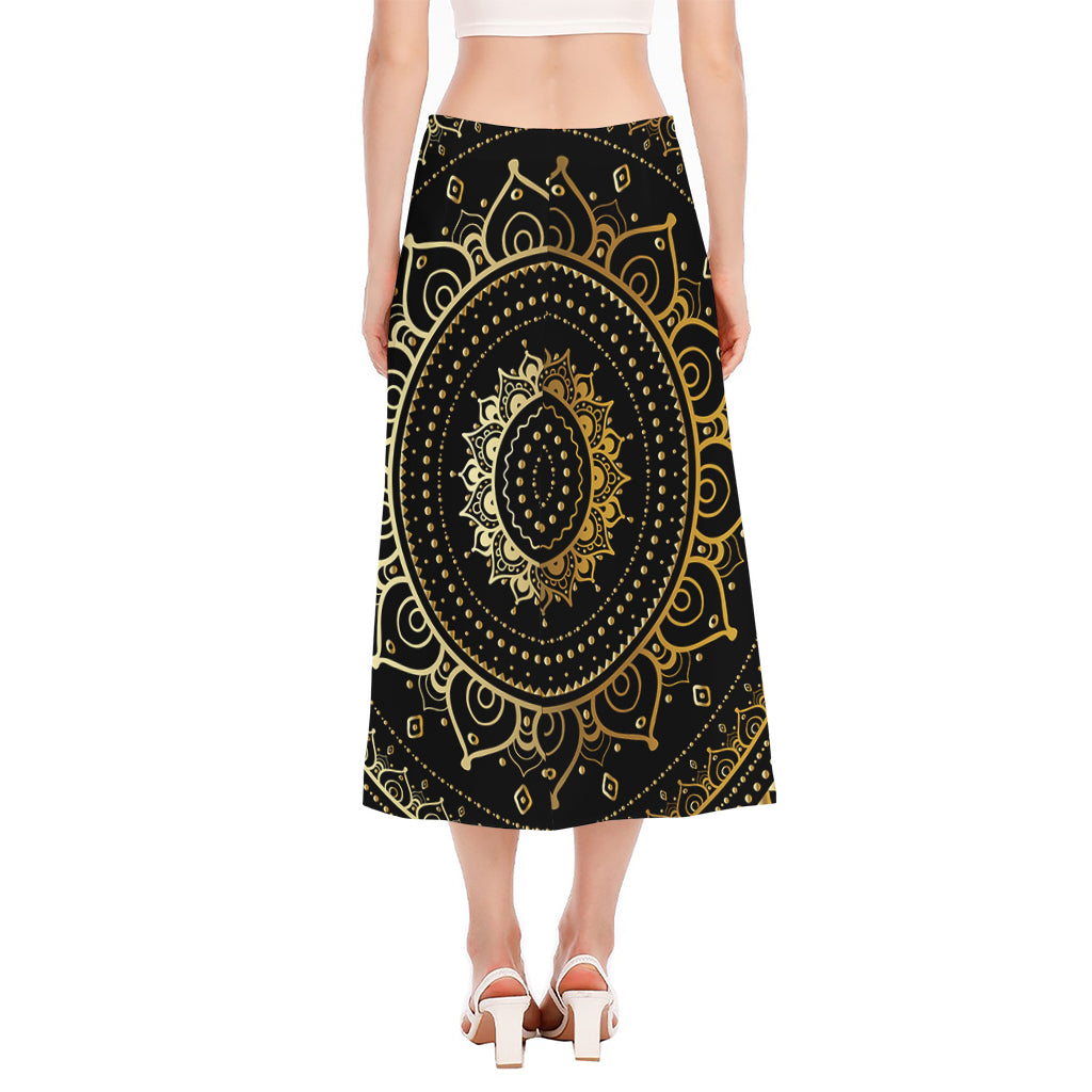 Black And Gold Mandala Print Side Slit Midi Skirt