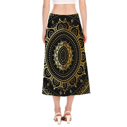 Black And Gold Mandala Print Side Slit Midi Skirt