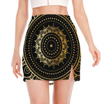 Black And Gold Mandala Print Side Slit Mini Skirt