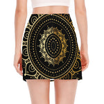 Black And Gold Mandala Print Side Slit Mini Skirt
