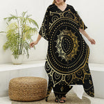 Black And Gold Mandala Print Silk V-Neck Kaftan Dress