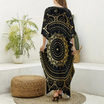 Black And Gold Mandala Print Silk V-Neck Kaftan Dress