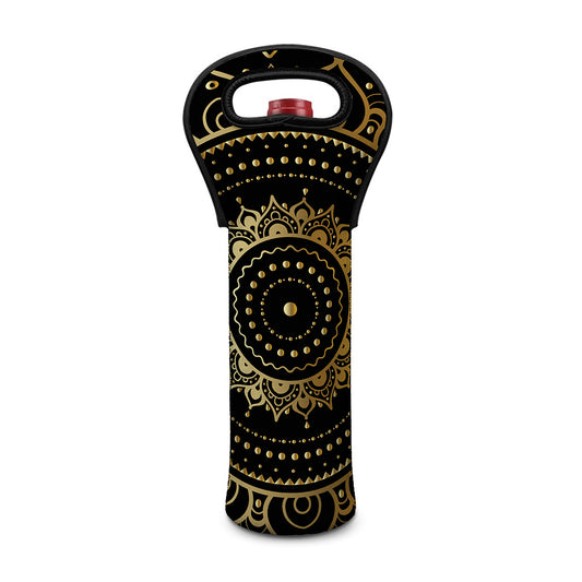 Black And Gold Mandala Print Single Neoprene Wine Tote