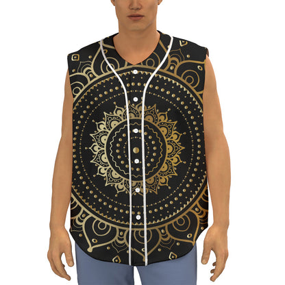 Black And Gold Mandala Print Sleeveless Baseball Jersey