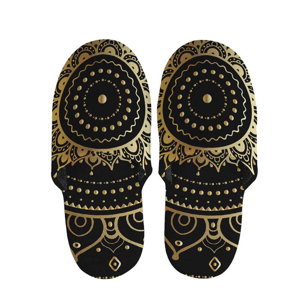 Black And Gold Mandala Print Slippers