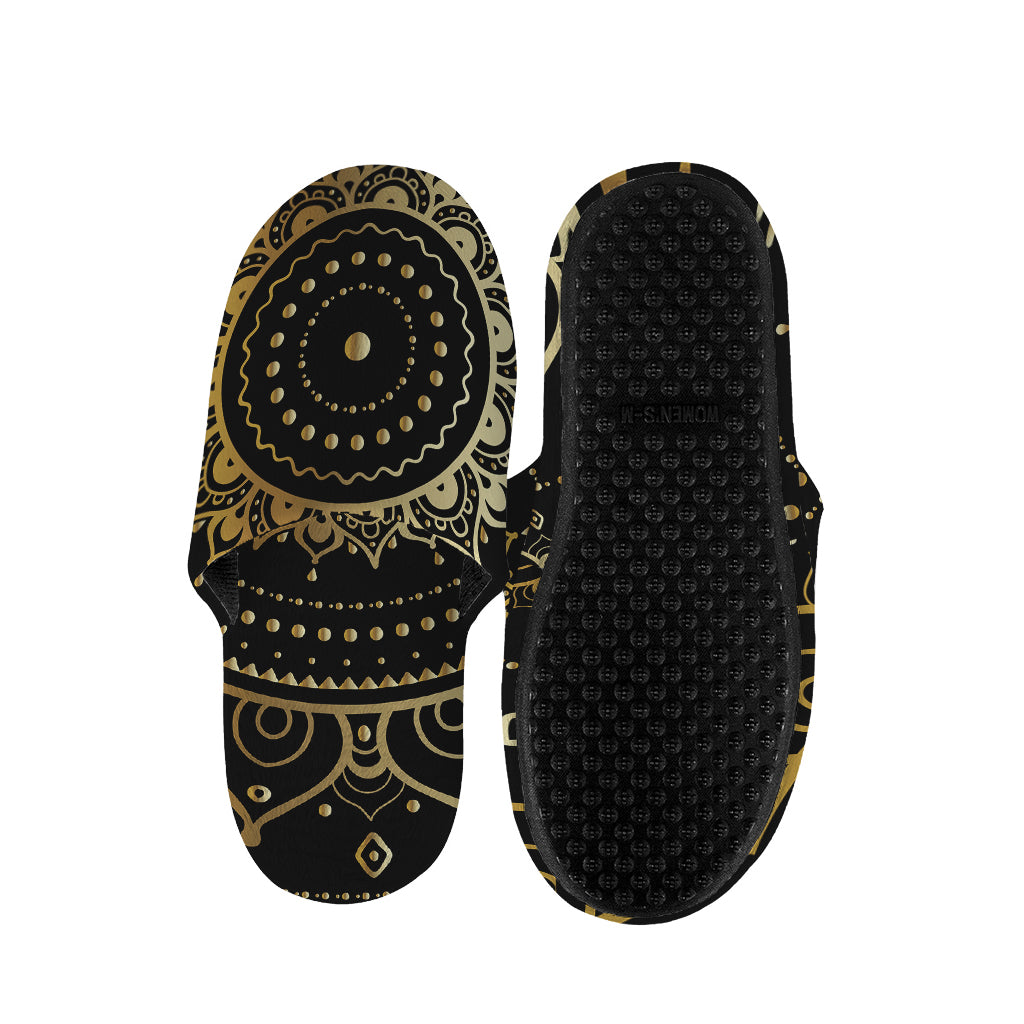 Black And Gold Mandala Print Slippers