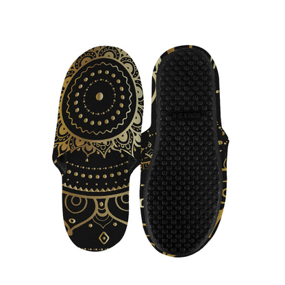 Black And Gold Mandala Print Slippers