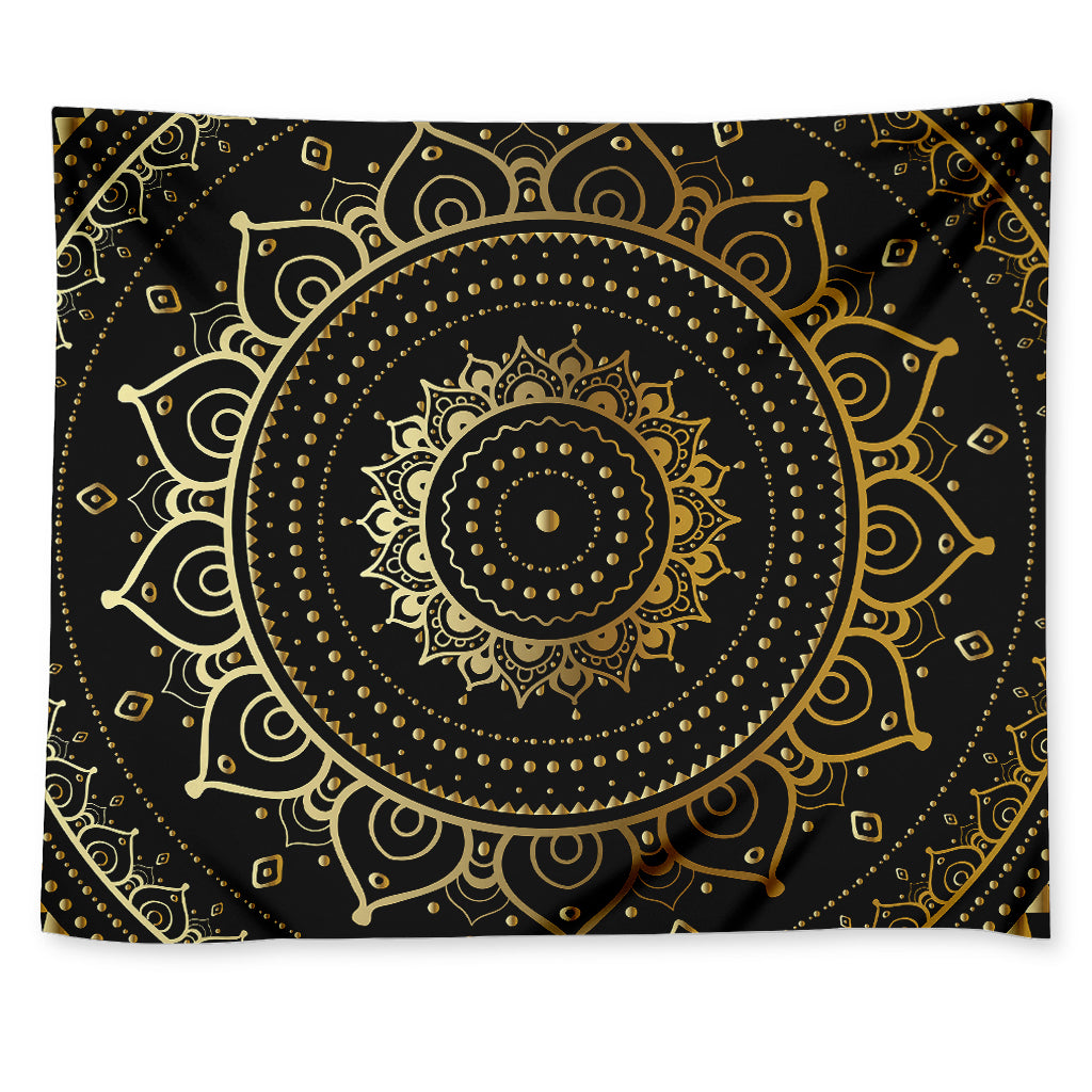 Black And Gold Mandala Print Tapestry