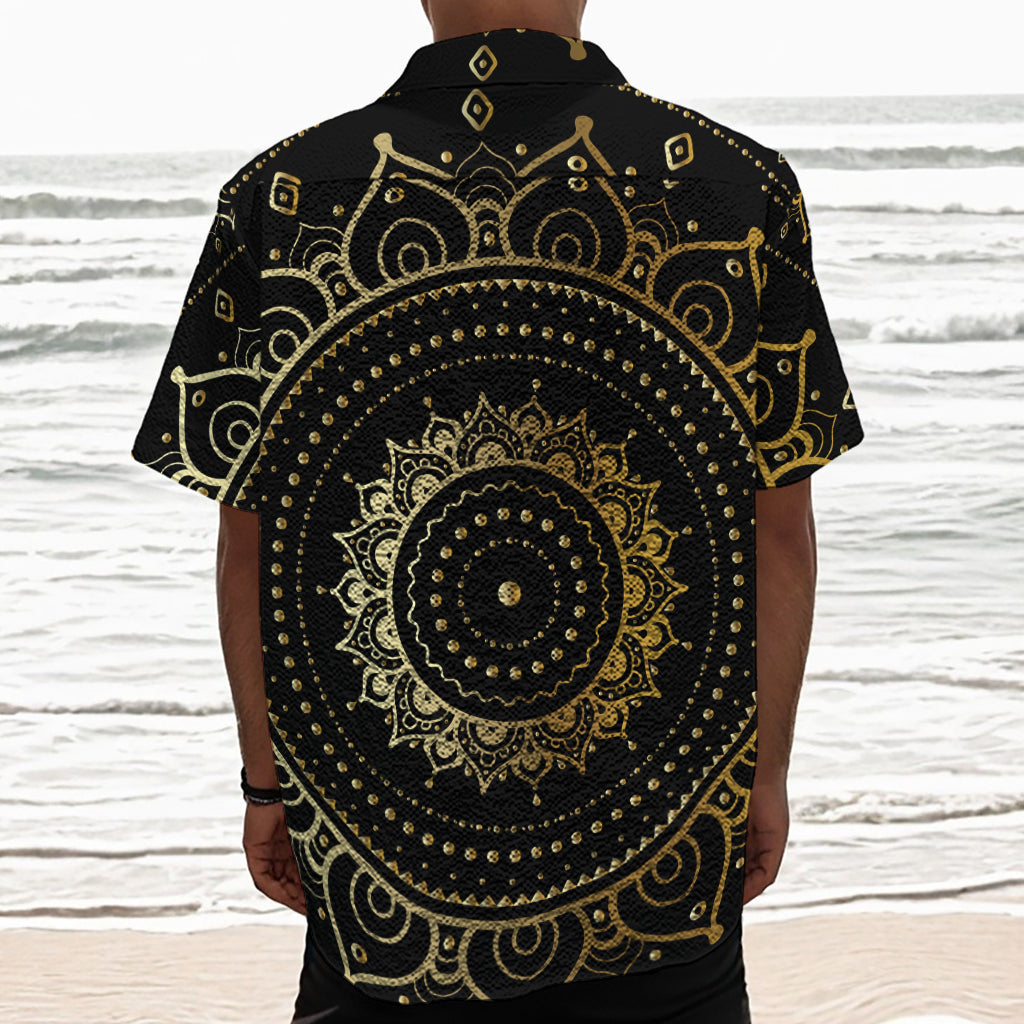 Black And Gold Mandala Print Textured Short Sleeve Shirt