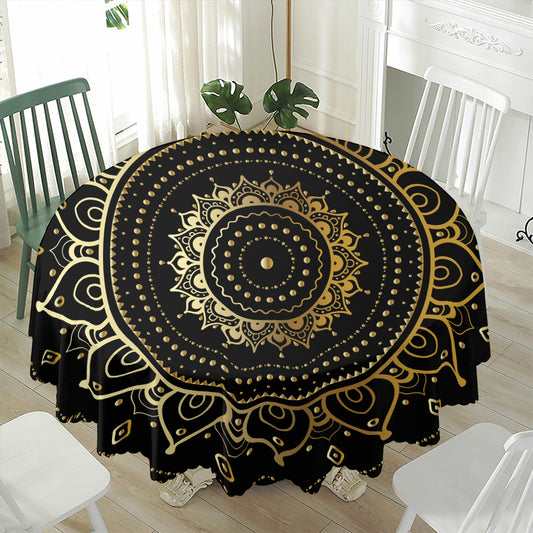 Black And Gold Mandala Print Waterproof Round Tablecloth