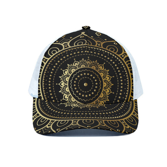 Black And Gold Mandala Print White Mesh Trucker Cap