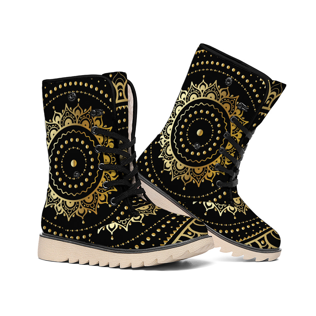 Black And Gold Mandala Print Winter Boots