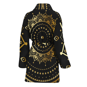 Black And Gold Mandala Print Women's Bathrobe