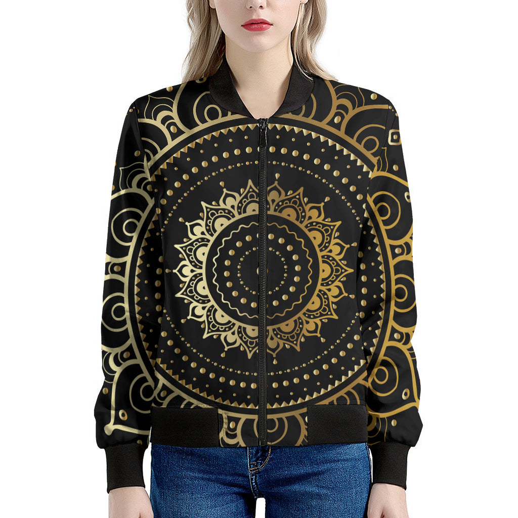 Black And Gold Mandala Print Women's Bomber Jacket