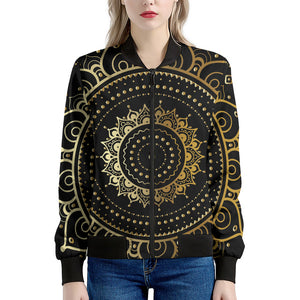 Black And Gold Mandala Print Women's Bomber Jacket