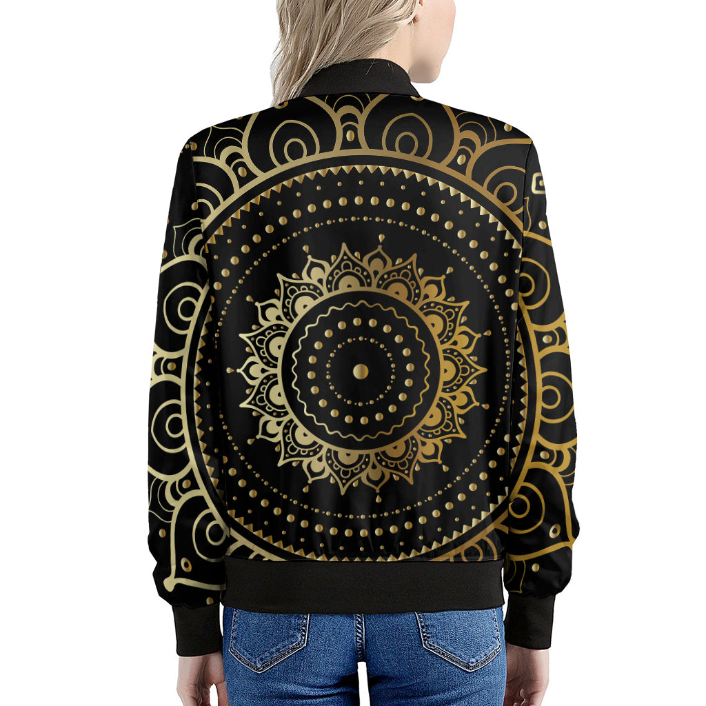 Black And Gold Mandala Print Women's Bomber Jacket