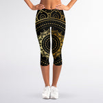 Black And Gold Mandala Print Women's Capri Leggings