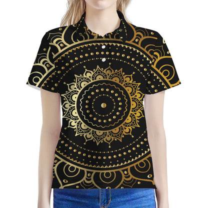 Black And Gold Mandala Print Women's Polo Shirt
