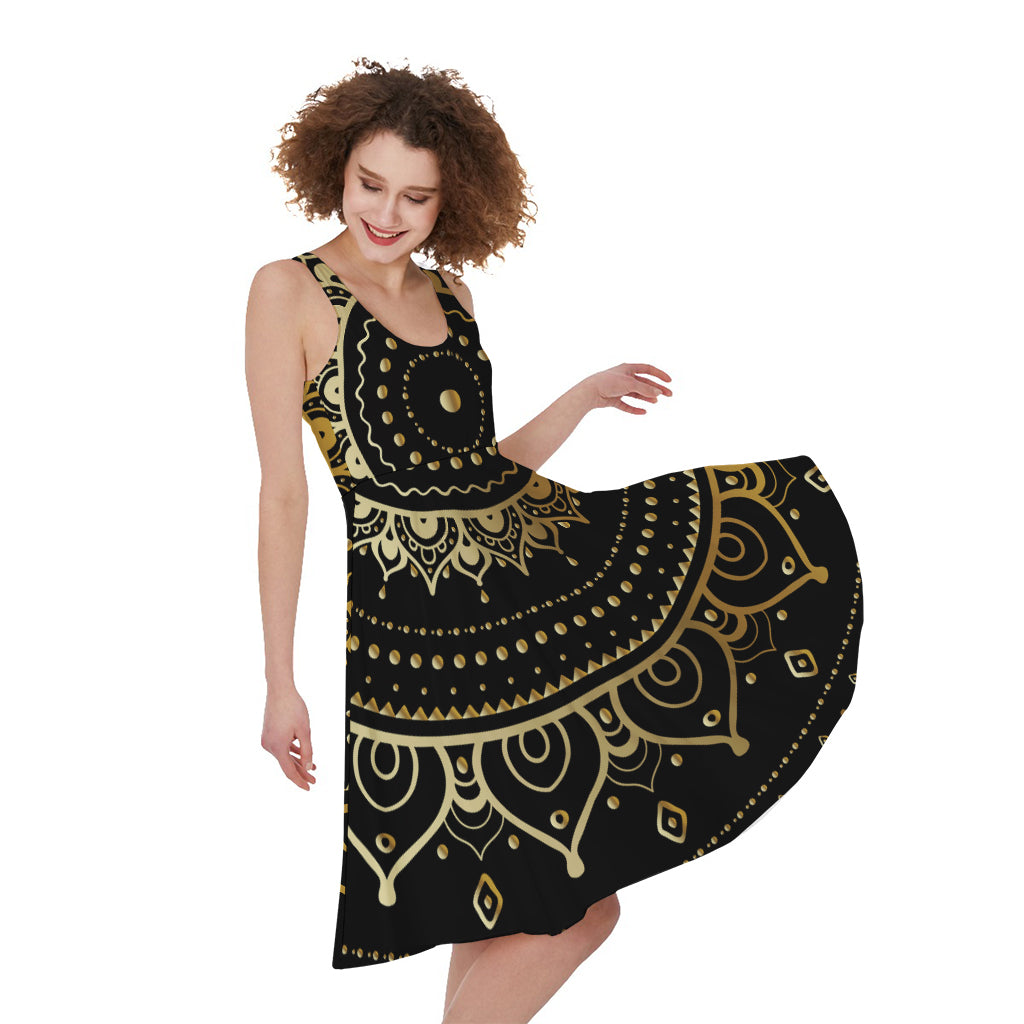 Black And Gold Mandala Print Women's Sleeveless Dress