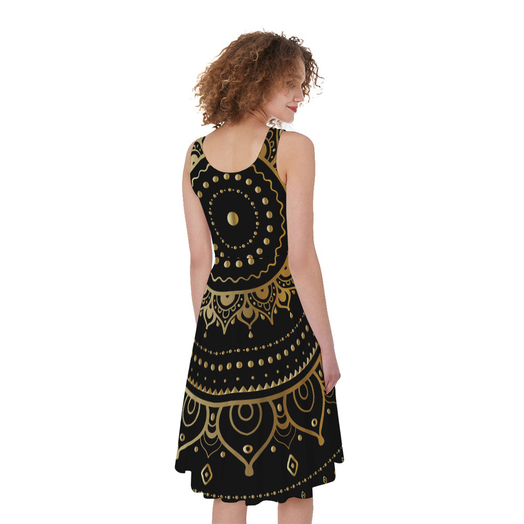 Black And Gold Mandala Print Women's Sleeveless Dress