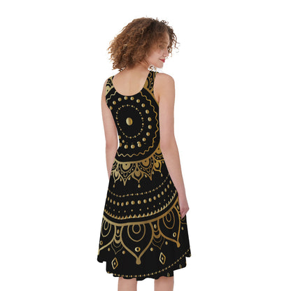 Black And Gold Mandala Print Women's Sleeveless Dress