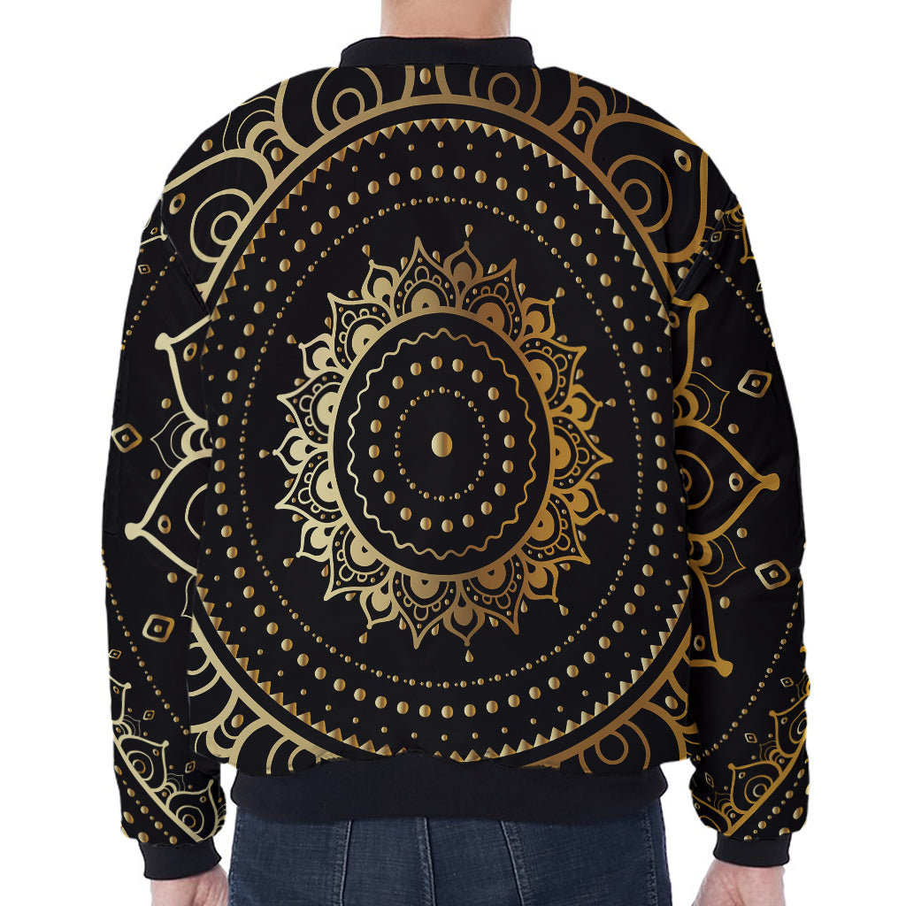 Black And Gold Mandala Print Zip Sleeve Bomber Jacket