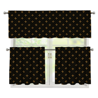Black And Gold Orthodox Pattern Print 3 Piece Kitchen Curtains