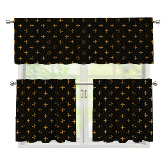 Black And Gold Orthodox Pattern Print 3 Piece Kitchen Curtains