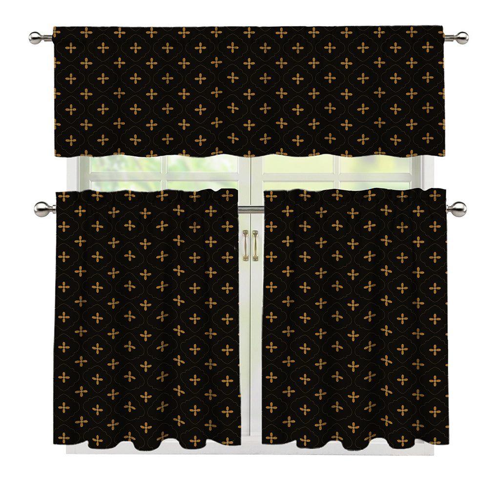 Black And Gold Orthodox Pattern Print 3 Piece Kitchen Curtains